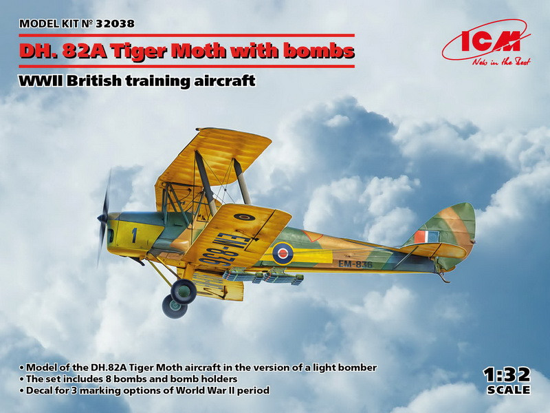 Пластикова модель 1/32 ICM 32038 британський легкий бомбардувальник DH. 82A Tiger Moth with bombs, фото 1