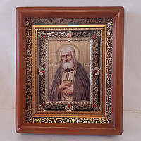 Икона Серафим Саровский святой преподобный, лик 10х12 см, в коричневом деревянном киоте с камнями