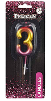 Свічка в торт "Цифра-3" райдужна 4,5см №864563/Pelican/(1)(12)(100)(800)
