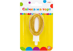 Свічка в торт "Цифра-0" золотиста 7,62см з блискітками №MX622083-0/Maxi/(24)(288)
