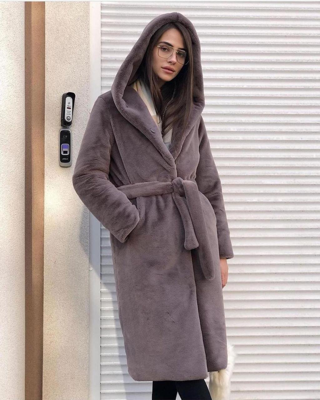 Еко-шуба під кролика Midi 90 з капюшоном жіноча какао розмір М-Л