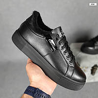 Женские зимние кеды Calvin Klein (чёрные) низкая повседневная тёплая обувь с мехом О3743 топ