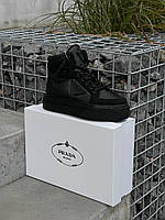 Женские кроссовки Prada Re-Nylon Brushed Sneakers High Black Not Lux (чёрные) повседневные кеды L0682 топ