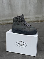 Женские кроссовки Prada Re-Nylon Brushed Sneakers High Grey Not Lux (серые) повседневные кеды L0681 топ