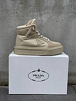 Женские кроссовки Prada Re-Nylon Brushed Sneakers High Beige Not Lux (бежевые) повседневные кеды L0668 топ