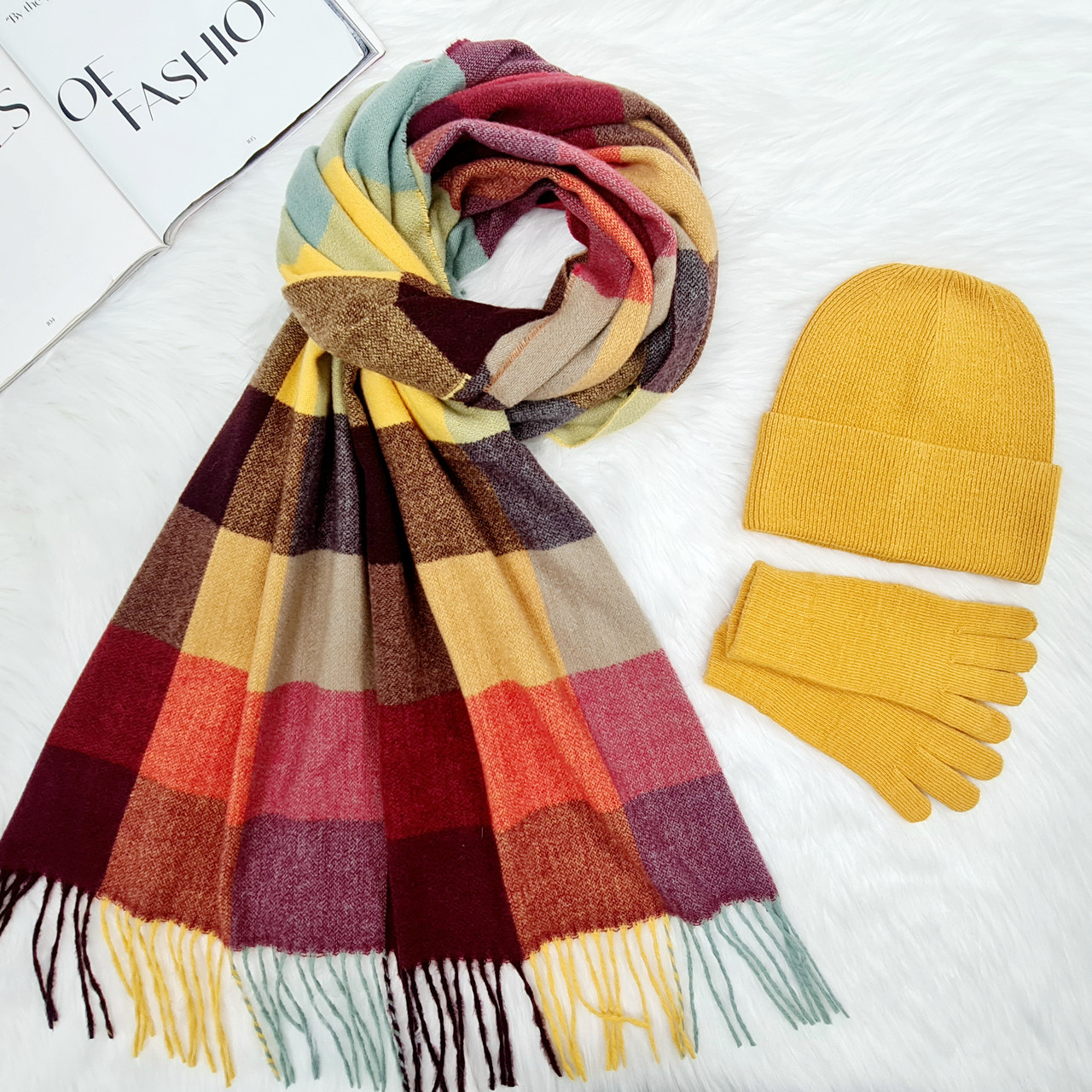 Комплект жіночий зимовий ангора з вовною (шапка+шарф+рукавички) ODYSSEY 56-58 см різнокольоровий 13644 - 8024 - 4073, фото 1