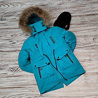 Теплая зимняя бирюзовая куртка для девочки с капюшоном