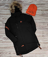 Зимняя теплая черная удлиненная куртка на мальчика с оранжевыми вставками