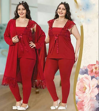 Піжама жіноча великого розміру 52-58 Oversize, червона комплект 3 предмети Jenika 25317 Туреччина