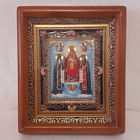 Икона Киево-Печерская Пресвятая Богородица, лик 10х12 см, в коричневом деревянном киоте с камнями