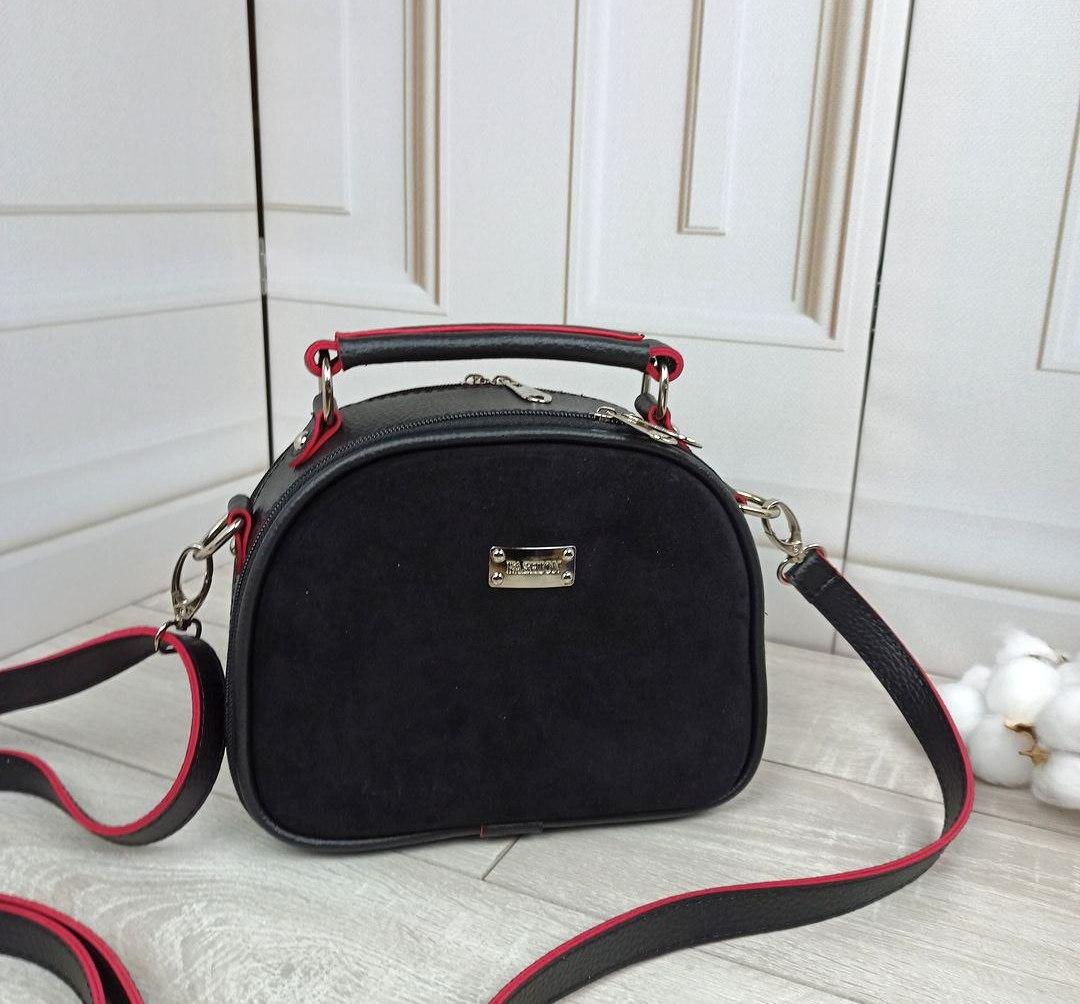 Жіноча сумка через плече маленька сумочка модна чорна з червоним натуральна замша+шкірзам