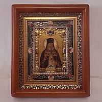Икона Лука Симферопольский и Крымский святой архиепископ, лик 10х12 см, в коричневомдеревянном киоте с камнями