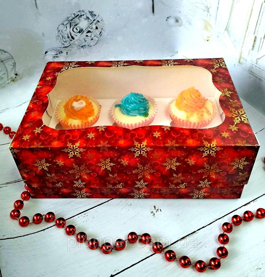Коробка для 6 капкейків новорічна червона з вікном, мілований картон, фото 1