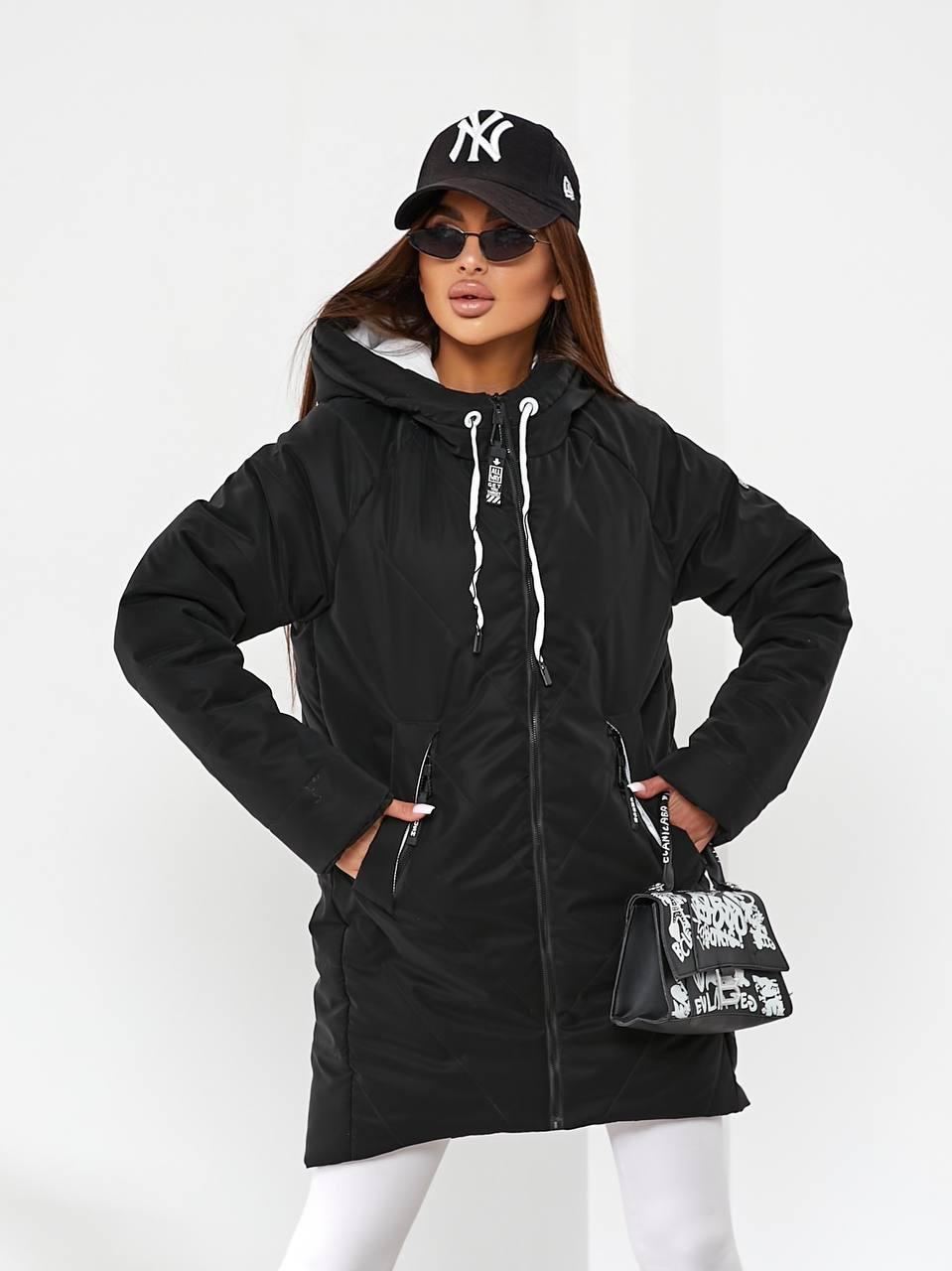 НОВИНКА!! Стильна вільна жіноча куртка-кокон від Khan арт.1010 Плащівка «оксамит» чорного кольору