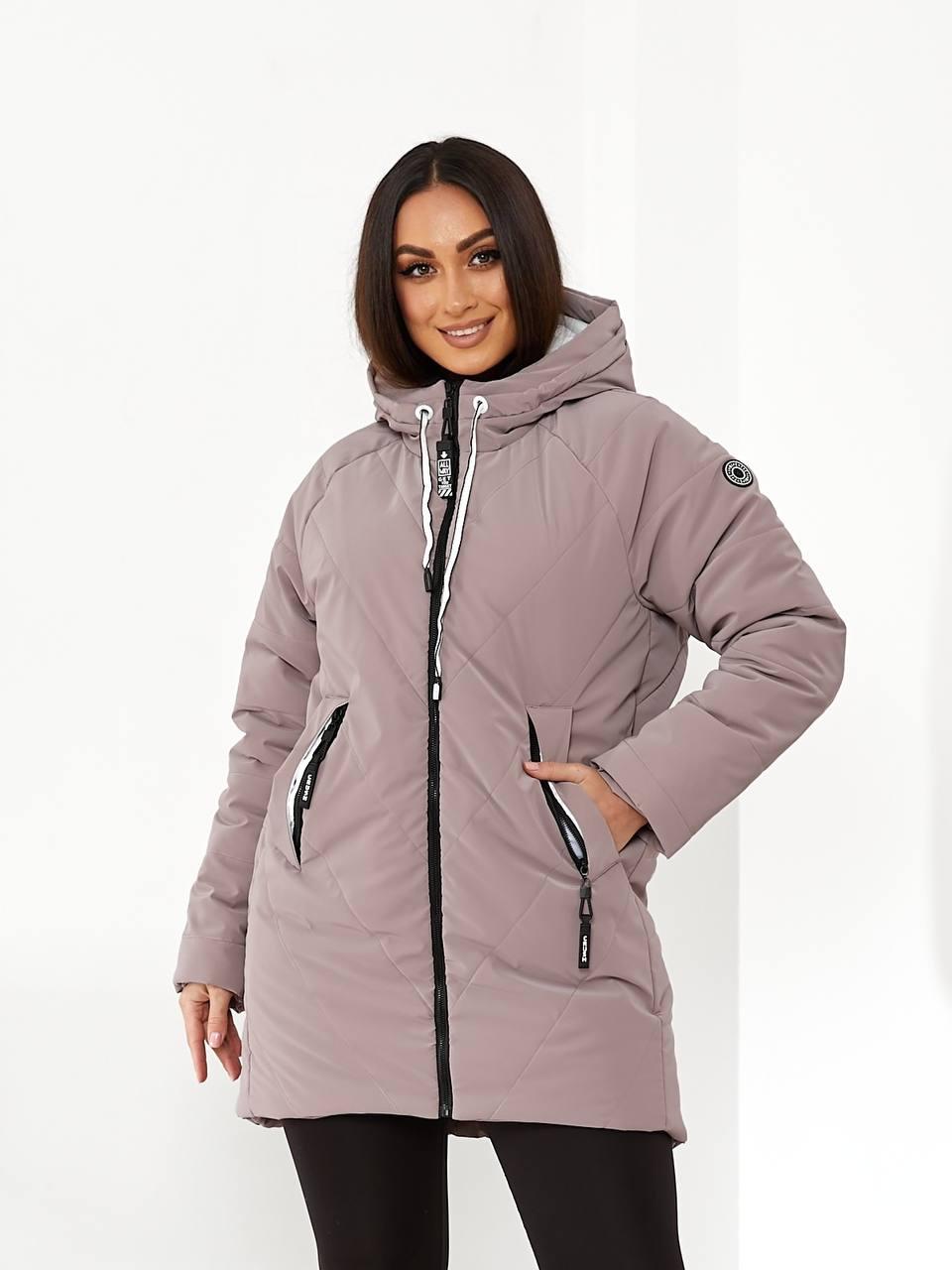 Стильна вільна жіноча куртка-кокон батал від Khan арт.1010 Плащівка «бархіт» фреза/фрез, фото 1