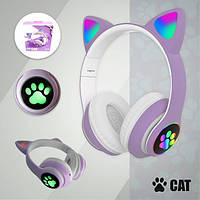 Наушники блютус с ушками Bluetooth MDR CAT ear с подсветкой Фиолетовые