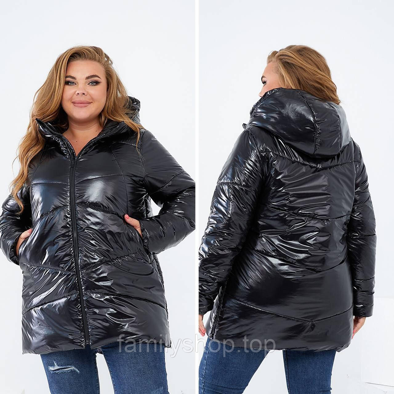Зимова жіноча куртка великих розмірів на силіконі з капюшоном, чорна, розмір 50/52
