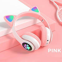 Наушники блютус с ушками Bluetooth MDR CAT ear с подсветкой Розовые