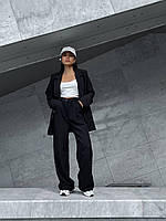 Женский оверсайз костюм: пиджак и брюки палаццо, S/M, M/L, чёрный, беж, из креп костюмки, длинна брюк 110см