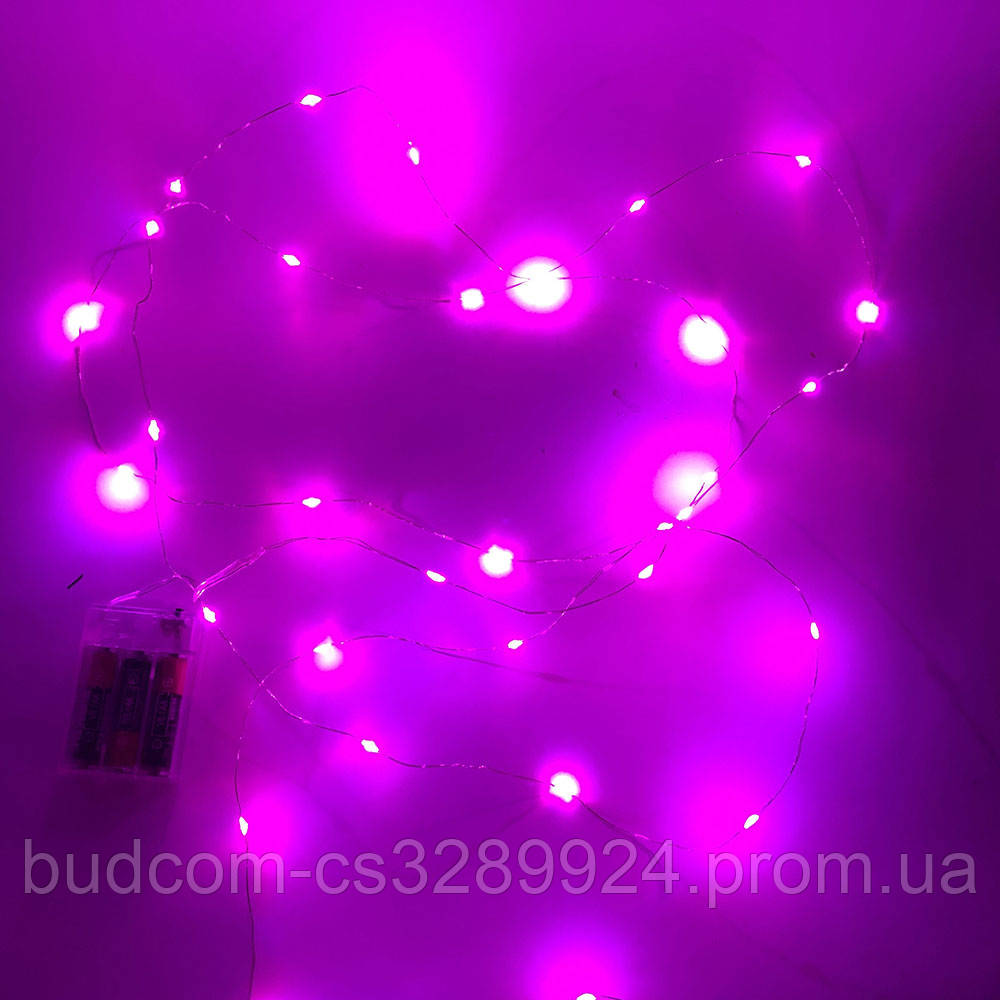 Гірлянда світлодіодна роса на батарейках рожева, провід прозорий, 5м