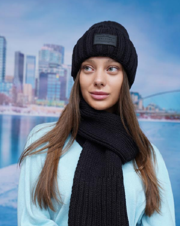 Шапка в'язана жіноча + шарф комплект чорний Онтаріо 527W