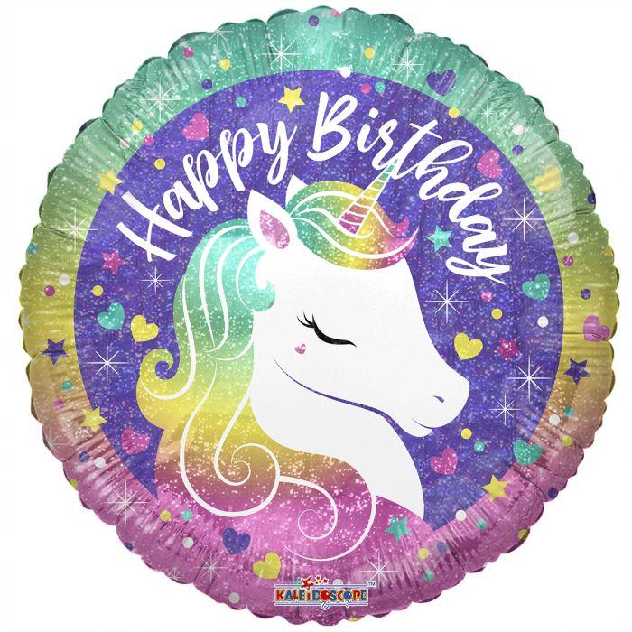 Кaleidoscope 18" Unicorn B'day З Днем народження куля фольгована. Голографік - В УП, фото 1