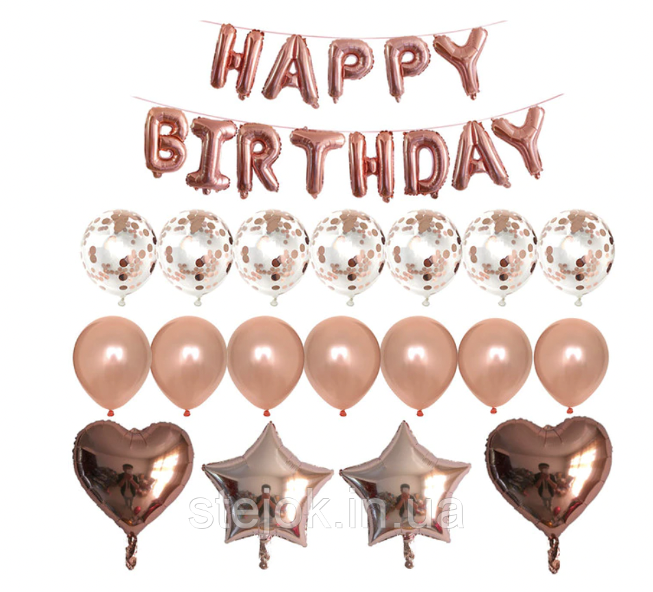 Набір із куль із гірляндою Happy Birthday  ⁇  Рожеве золото, фото 1