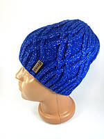 Шапка женская зимняя универсальная бин с флисом люрексом Вязаные женские шапки осень зима Синий разные цвета