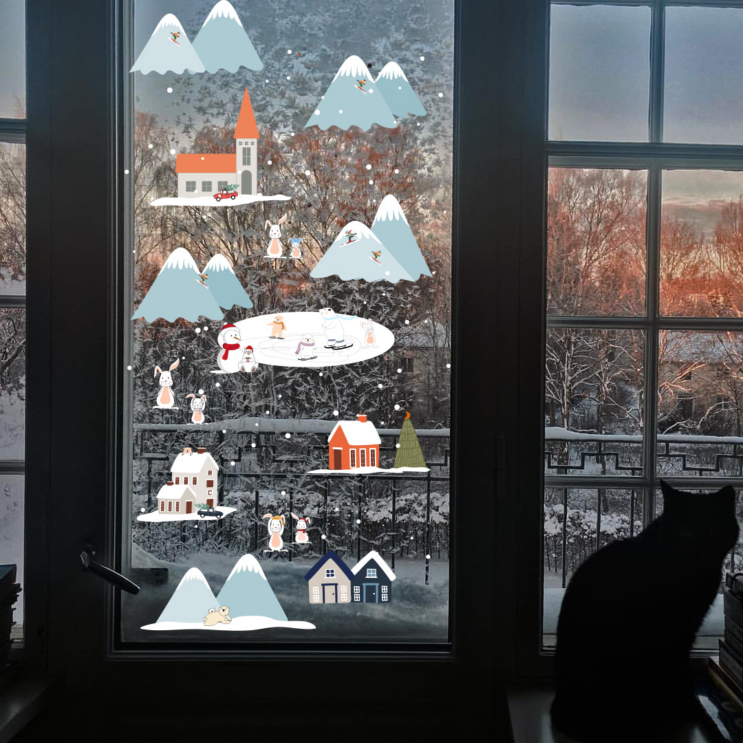 Новорічний набір наклейок на вікно та стіну Гірський курорт (карпати, сніг, містечко, будинки)