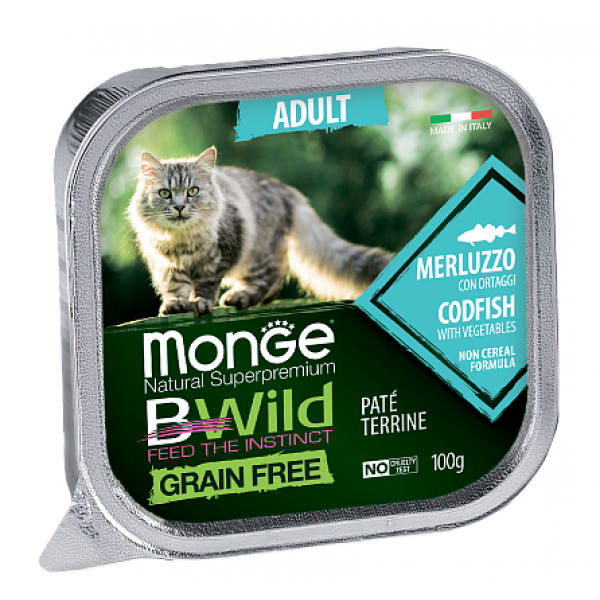 Monge BWild Cat Grain Free Paté terrine Merluzzo паштет з тріскою ,креветками та овочами-100гр