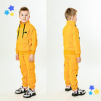 Детский модный теплый спортивный костюм с карманами трехнитка с начесом в школу для мальчиков желтого цвета