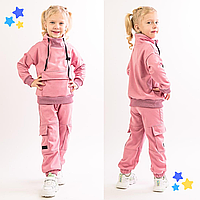 Детский модный утепленный спортивный костюм трехнитка с начесом для девочек в школу и для прогулок розовый