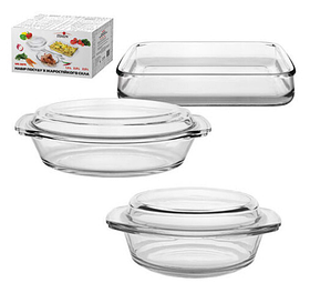 Набір скляного посуду 5 предметів (2 каструлі з кришками та деко) Stenson MS-0079/ Термоскло посуд