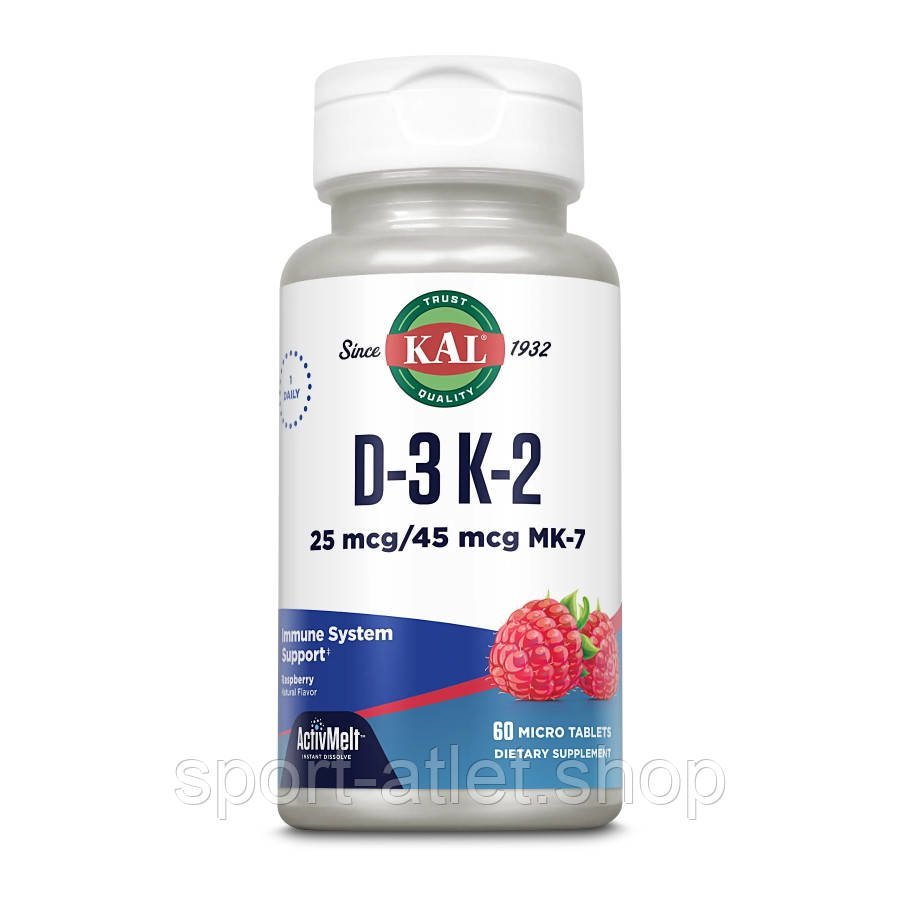 Вітаміни та мінерали KAL D-3 K-2, 60 мікро таблеток, фото 1