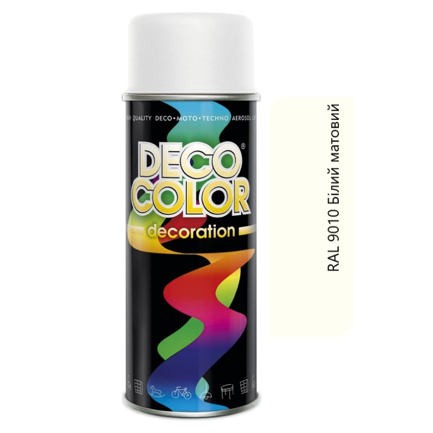 Аерозольна декоративна фарба Deco Color Decoration RAL 9010 Біла матова 400 мл, фото 1