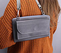 Вместительная кожаная женская сумка клатч через плечо для телефона, денег, карт/ Серая сумочка для женщин