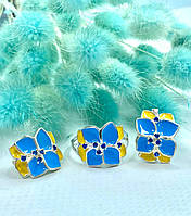 Серебряный женский набор украшений кольцо и серьги с желто-голубой эмалью "Барвинок"