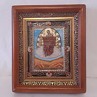 Икона Спорительница хлебов Пресвятая Богородица, лик 10х12 см, в коричневом деревянном киоте с камнями