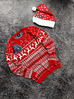 Вязаный новогодний красный свитер с оленями теплый новогодний шерстяной джемпер
