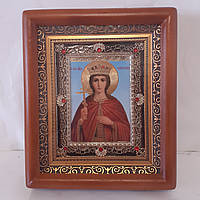Икона Екатерина святая Великомученица, лик 10х12 см, в коричневом деревянном киоте с камнями