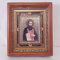 Икона Феодосию Печерскому, святому преподобному, лик 10х12 см, в коричневом деревянном киоте с камнями