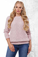 Теплый женский нарядный вязаный свитер с круглой горловиной большой размер пудровый