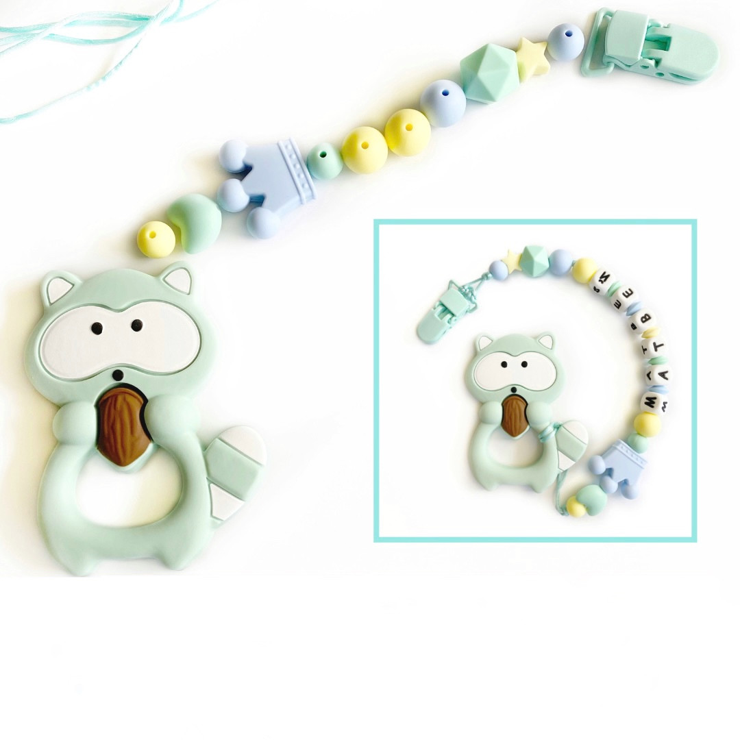 Набір намистин для іменного тримача пустушки + гризунець Єнот (М'ята), фото 1