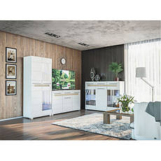 Сучасні модульні меблі для вітальні Б'янко з білим глянсовим фасадом зі вставками дуб сонома