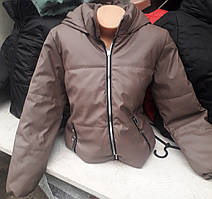 Куртка жіноча тепла з еко-шкіри з капюшоном