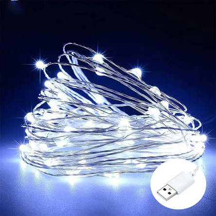 Гірлянда на батарейках + USB 10м, холодний білий, фото 1