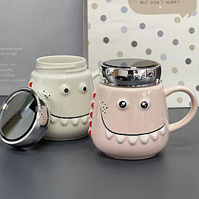 Чашка "Динозарвик", мікс, Кружка керамическая с зеркальной крышкой "Динозаврик"