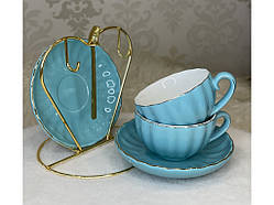 ❤️Чайний набір на металевій підставці (2 чашки + 2 блюдця + 2 ложки) Блакитний