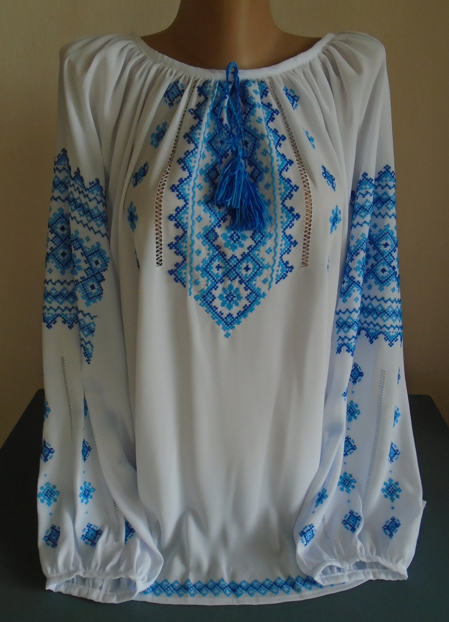 Українська блузка з вишивкою з довгим рукавом на білому шифоні ручної роботи розмір XL-2XL
