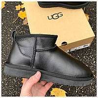 Женские зимние UGG Ultra Mini Black Leather черные кожаные угги ультра мини женские ботинки уги зимние